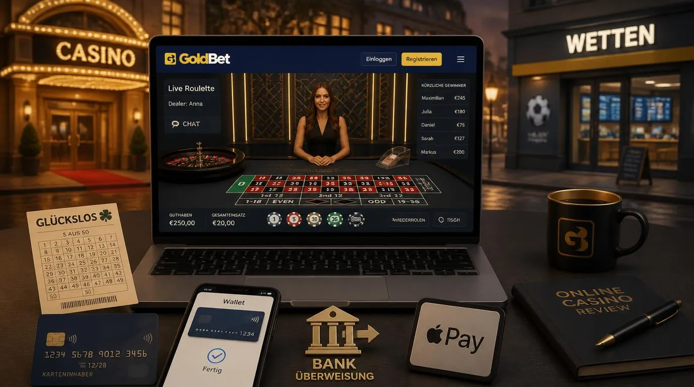 Casinoansicht mit Live-Croupier-Tisch, Lotterieschein und Symbolen für verschiedene Zahlungsarten